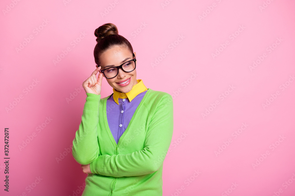 Photo of attractive lovely freelancer lady knot hairdo folded hands beaming smiling confident hold glasses look flirt colleague wear spectacles colored clothes bright pink color background