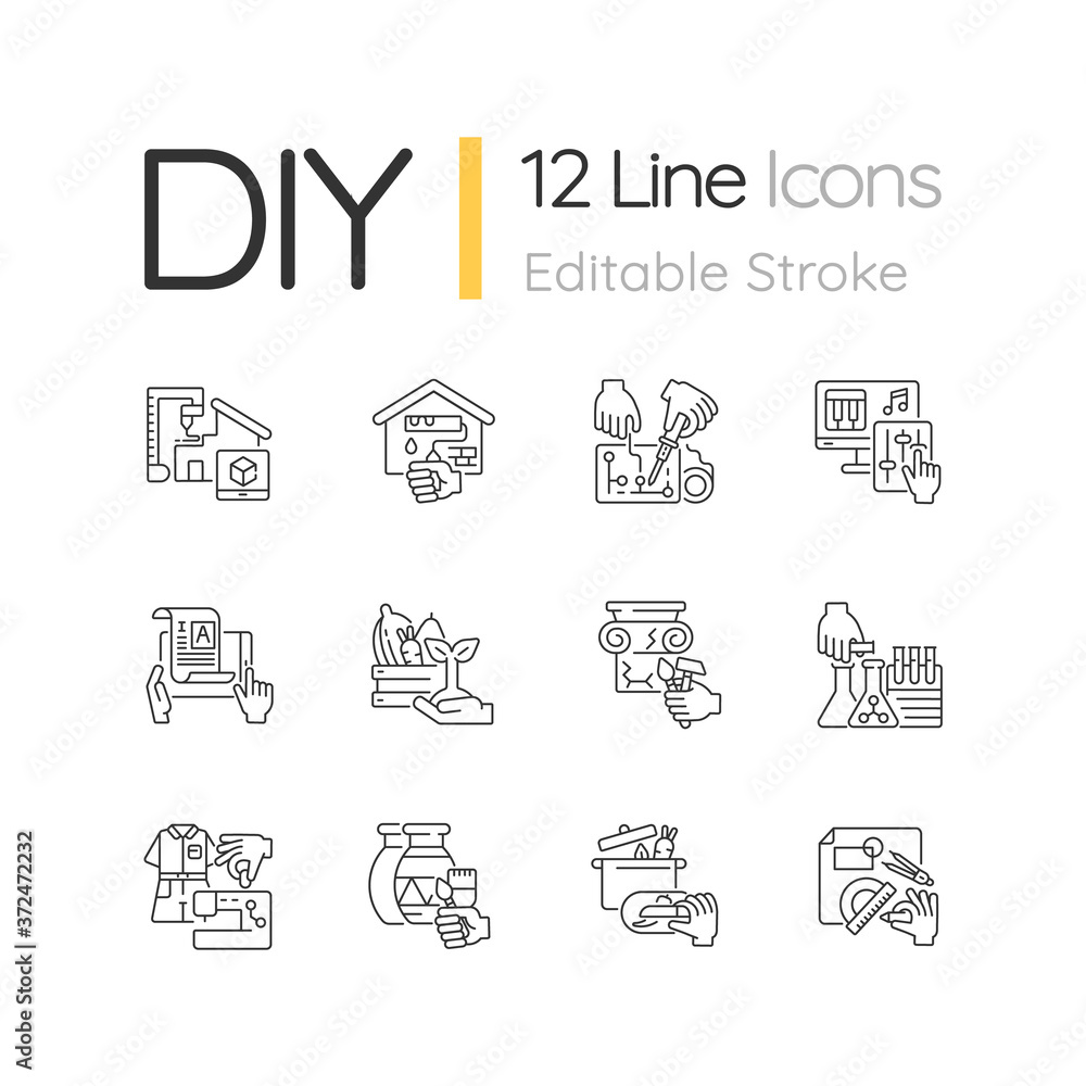 Fototapeta premium DIY linear icons set. 3D building model. House renovation. Electrical project. Professional service. Customizable thin line contour symbols. Isolated vector outline illustrations. Editable stroke