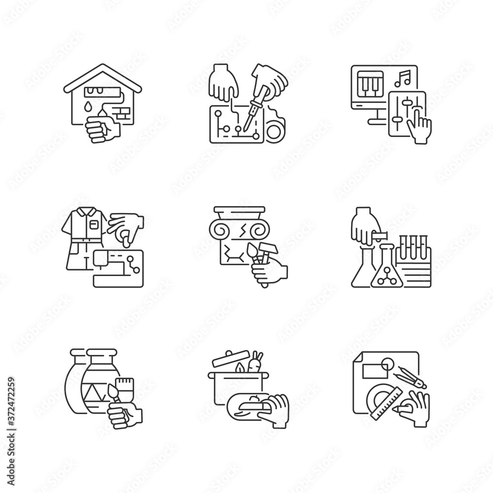 Fototapeta premium Handicraft linear icons set. Home renovation. Electrical project. Music production. Fashion industry. Customizable thin line contour symbols. Isolated vector outline illustrations. Editable stroke