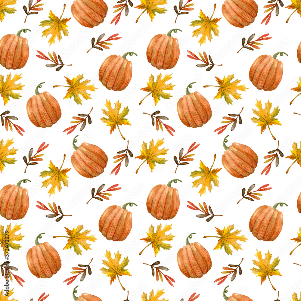Seamless pattern with pumpkin jack-o'-lantern, tree,autumn leaves. Halloween. Watercolor hand drawn illustration. Seamless pattern with pumpkin jack-o'-lantern, tree,autumn leaves. Halloween. Watercolor hand drawn illustration.