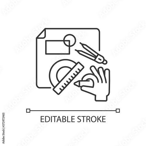 DIY designing linear icon. Engineering blueprint. Technical scheme. Architect plan for project. Thin line customizable illustration. Contour symbol. Vector isolated outline drawing. Editable stroke