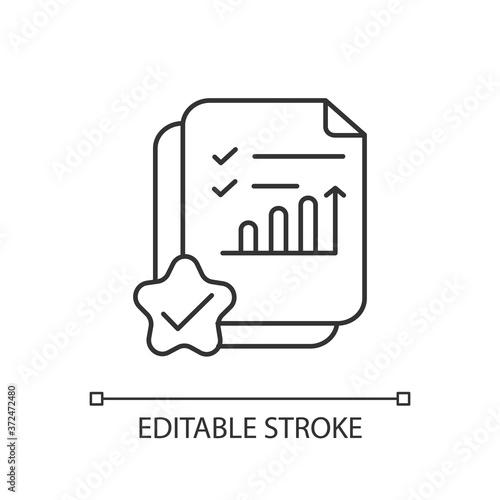 Accounting document linear icon. Positive review. Report on growing financial chart. Thin line customizable illustration. Contour symbol. Vector isolated outline drawing. Editable stroke