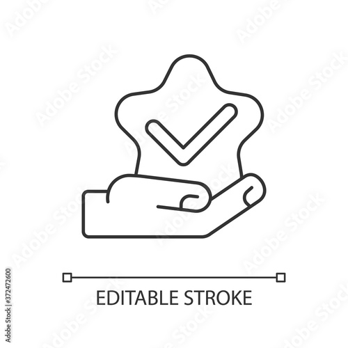 Star review linear icon. Customer service satisfaction. Client feedback. Vote for best. Thin line customizable illustration. Contour symbol. Vector isolated outline drawing. Editable stroke