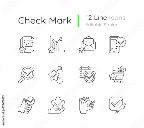 Checkmark linear icons set. Successful marketing research. Right answer. Task done. Mark in checkbox. Customizable thin line contour symbols. Isolated vector outline illustrations. Editable stroke