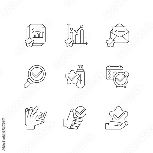 Approval checkmarks linear icons set. Document evaluation. Statistic progress assessment. Customizable thin line contour symbols. Isolated vector outline illustrations. Editable stroke