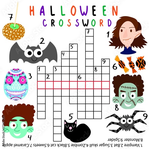 Amusing halloween crossword for children stock vector illustration. Simple crossword with vampire, bat, sugar skull, zombie, black cat, sweets, caramel apple, monster and spider. English words game.