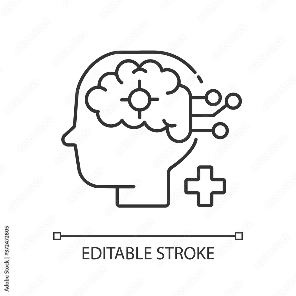 Neurological department linear icon. Neurological science and surgery. Brain disorders. Thin line customizable illustration. Contour symbol. Vector isolated outline drawing. Editable stroke Neurological department linear icon. Neurological science and surgery. Brain disorders. Thin line customizable illustration. Contour symbol. Vector isolated outline drawing. Editable stroke