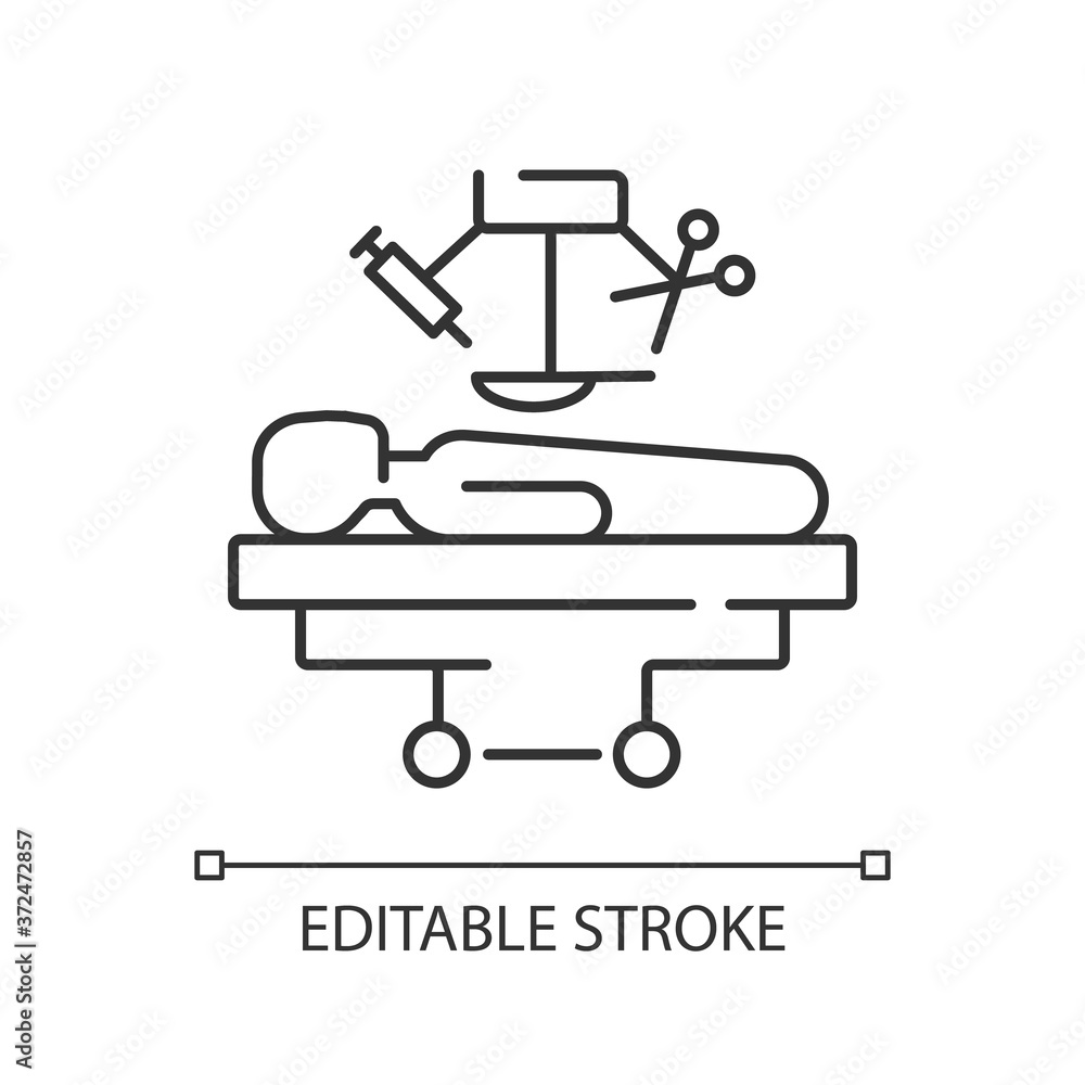 Surgery linear icon. Medical operation. Surgical procedure. Body injuries treatment. Medical care. Thin line customizable illustration. Contour symbol. Vector isolated outline drawing. Editable stroke Surgery linear icon. Medical operation. Surgical procedure. Body injuries treatment. Medical care. Thin line customizable illustration. Contour symbol. Vector isolated outline drawing. Editable stroke