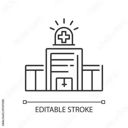 Walk in clinic linear icon. Medical facility. Urgent care center. Hospital building. Primary care. Thin line customizable illustration. Contour symbol. Vector isolated outline drawing. Editable stroke