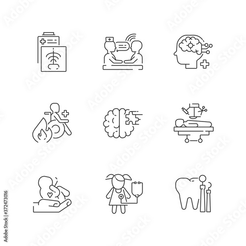 Healthcare services linear icons set. Maternity and psychiatric ward. Burn center. CT scan. Counseling. Customizable thin line contour symbols. Isolated vector outline illustrations