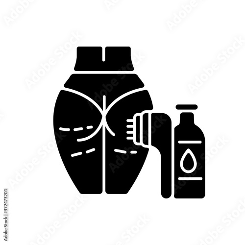 Anti cellulite program black glyph icon. Dimpled skin tightening. Anti cellulite cream and brush. Leg massage equipment. Body slimming. Silhouette symbol on white space. Vector isolated illustration