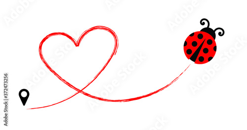Fly ladybug icon with heart shaped line route. Flying lady bug Vector sign