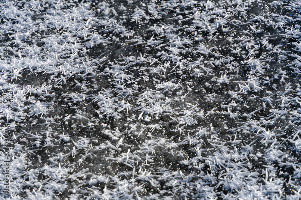 Natural ice structure on surface of frozen and snow-covered pond. Beautiful ice patterns are covered with snow. Close-up. Snowflakes on icy surface of the pond. Nature concept for winter design. Natural ice structure on surface of frozen and snow-covered pond. Beautiful ice patterns are covered with snow. Close-up. Snowflakes on icy surface of the pond. Nature concept for winter design.