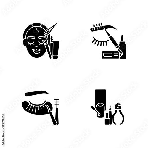 Face care black glyph icons set on white space. Manicure. Microblading. Eyelash extension. Nail varnish. Eyebrow lamination. Beauty procedure. Silhouette symbols. Vector isolated illustration