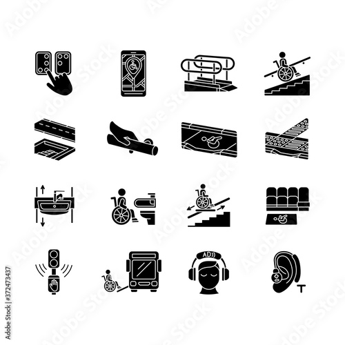 Accessibility facilities black glyph icons set on white space. Handrails and stair lift. Adjustable height sink. Acoustic traffic lights signals. Silhouette symbols. Vector isolated illustration