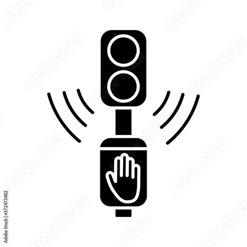 Acoustic traffic lights signals black glyph icon. Audible traffic signal for blind pedestrians. LED crosswalk light. City infrastructure. Silhouette symbol on white space. Vector isolated illustration
