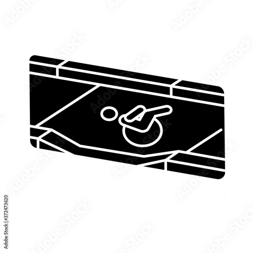 Dropped kerb black glyph icon. Curb cut. Access between street and sidewalk. Wheelchair users. Driveway. Modern city infrastructure. Silhouette symbol on white space. Vector isolated illustration