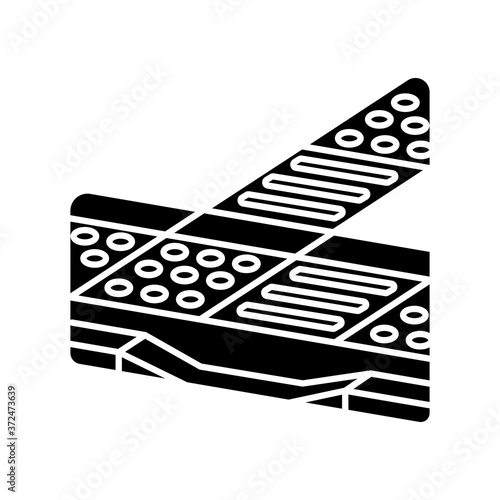 Tactile guidance black glyph icon. Tenji blocks. Truncated domes. Detectable warning surfaces. Tactile tiles. City infrastructure. Silhouette symbol on white space. Vector isolated illustration