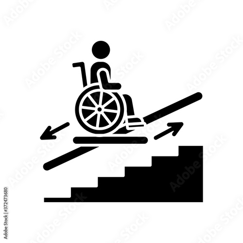 Stair lift black glyph icon. Wheelchair platforms and stairlifts for disabled users. Outdoor stair lift elevator. City infrastructure. Silhouette symbol on white space. Vector isolated illustration
