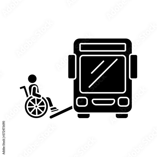 Bus ramp black glyph icon. Bus wheelchair ramp. Vertical platform lift. Accessibility device. Convenient public transport. Silhouette symbol on white space. Vector isolated illustration