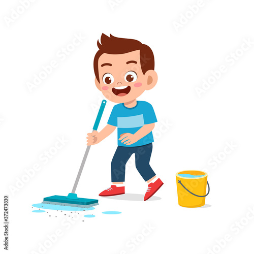 happy cute little kid boy and girl do chores cleaning floor