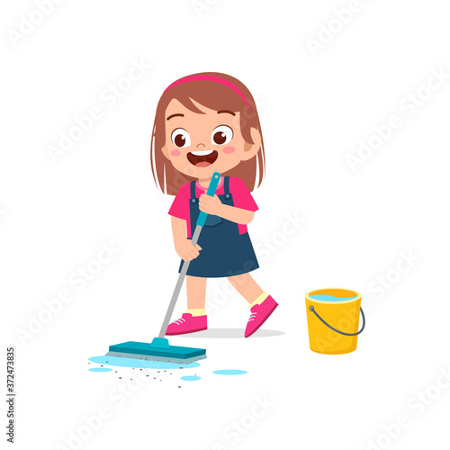 happy cute little kid boy and girl do chores cleaning floor