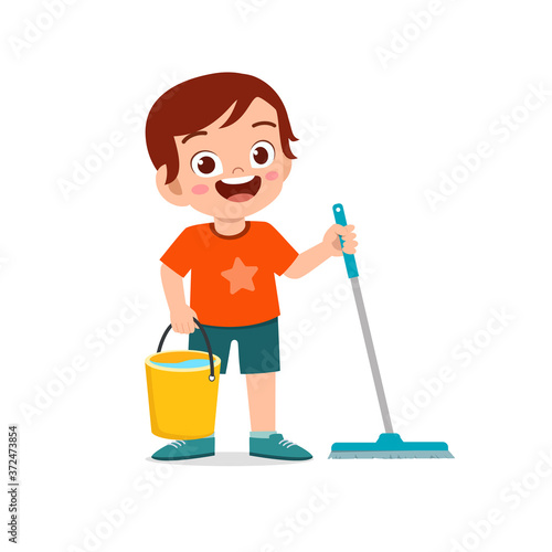 happy cute little kid boy and girl do chores cleaning floor