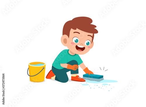 happy cute little kid boy and girl do chores cleaning floor