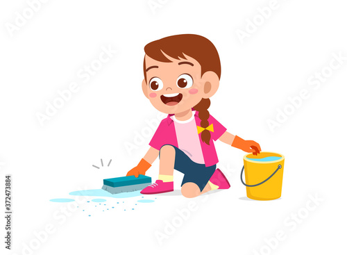 happy cute little kid boy and girl do chores cleaning floor