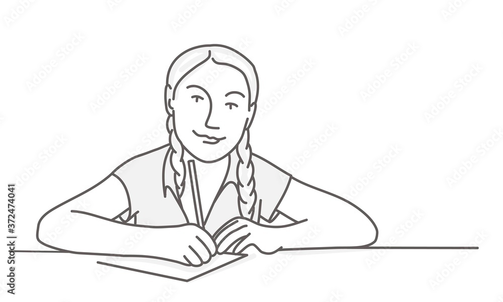 Young girl with two pigtails sits at the table. Line drawing vector illustration.