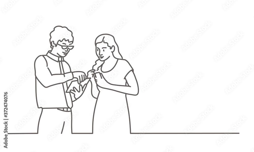Young man in glasses and woman are discussing work. Line drawing vector illustration. Young man in glasses and woman are discussing work. Line drawing vector illustration.