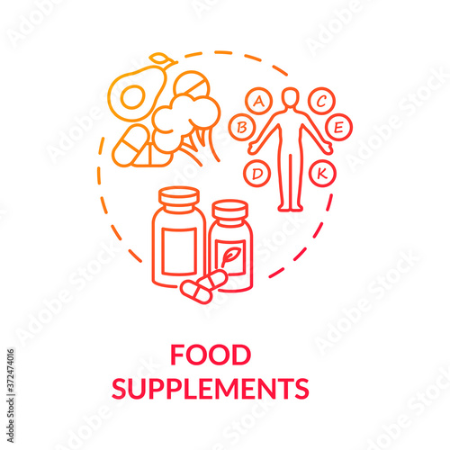 Food supplements concept icon. Healthy nutrition, biohacking tips idea thin line illustration. Vitamin diet, health improvement advice. Vector isolated outline RGB color drawing