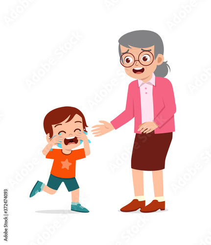 sad little kid boy and girl cry loud with grand mother