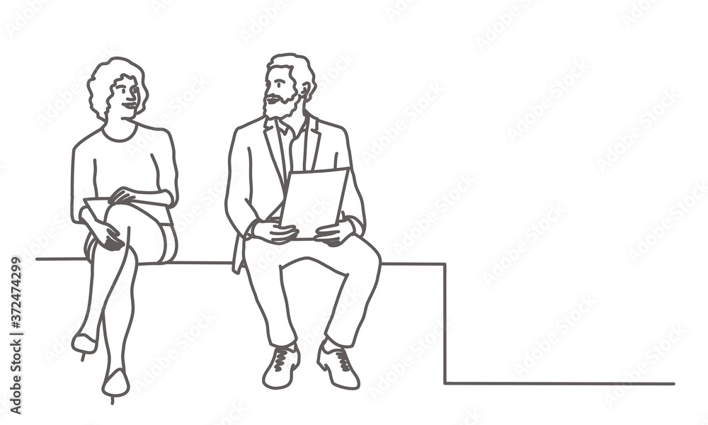 Man and woman sitting on a cube together. Couple discussing work. Line ...