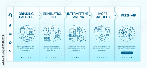 Biohacking techniques onboarding vector template. Nutrition management and active lifestyle. Nutrigenomics responsive mobile website with icons. Webpage walkthrough step screens. RGB color concept