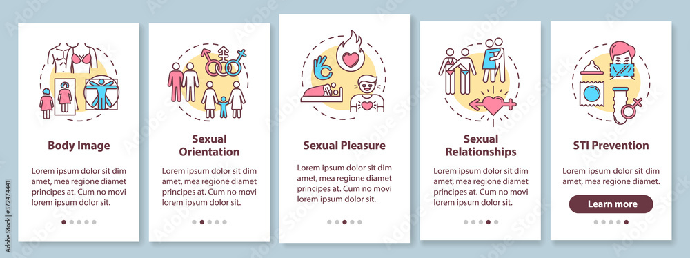 Sexual relationship onboarding mobile app page screen with concepts. Intimate intercourse. Sex education walkthrough 5 steps graphic instructions. UI vector template with RGB color illustrations