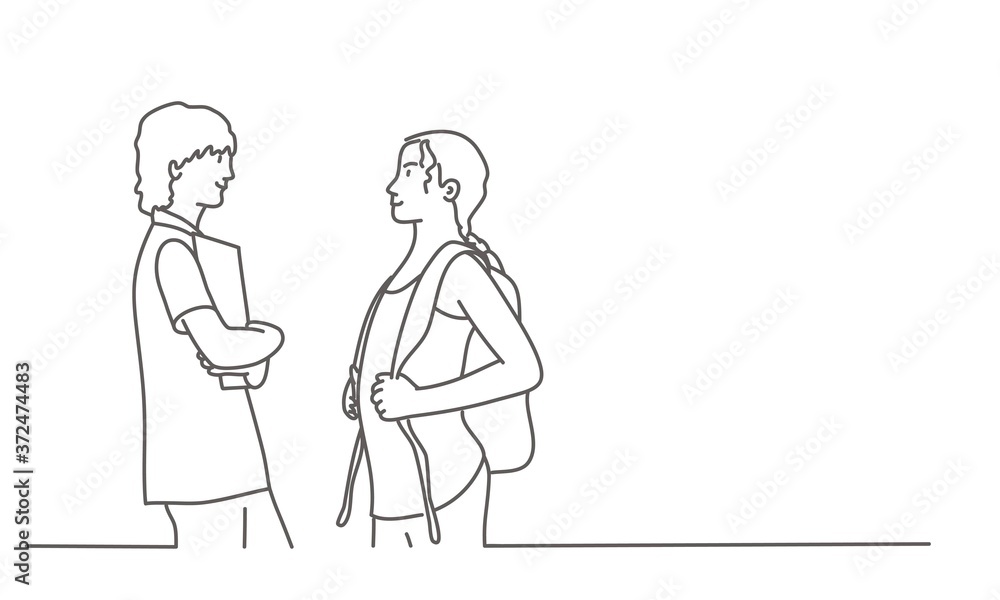 Two teenagers look at each other. Line drawing vector illustration. Two teenagers look at each other. Line drawing vector illustration.