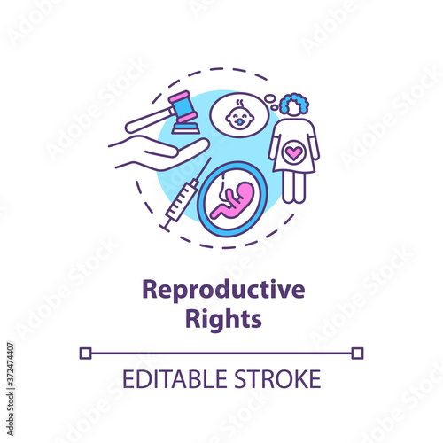Reproductive rights concept icon. Childbirth, pregnancy idea thin line illustration. Legal regulations and freedoms of reproduction. Vector isolated outline RGB color drawing. Editable stroke