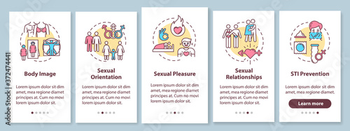 Sexual relationship onboarding mobile app page screen with concepts. Intimate intercourse. Sex education walkthrough 5 steps graphic instructions. UI vector template with RGB color illustrations