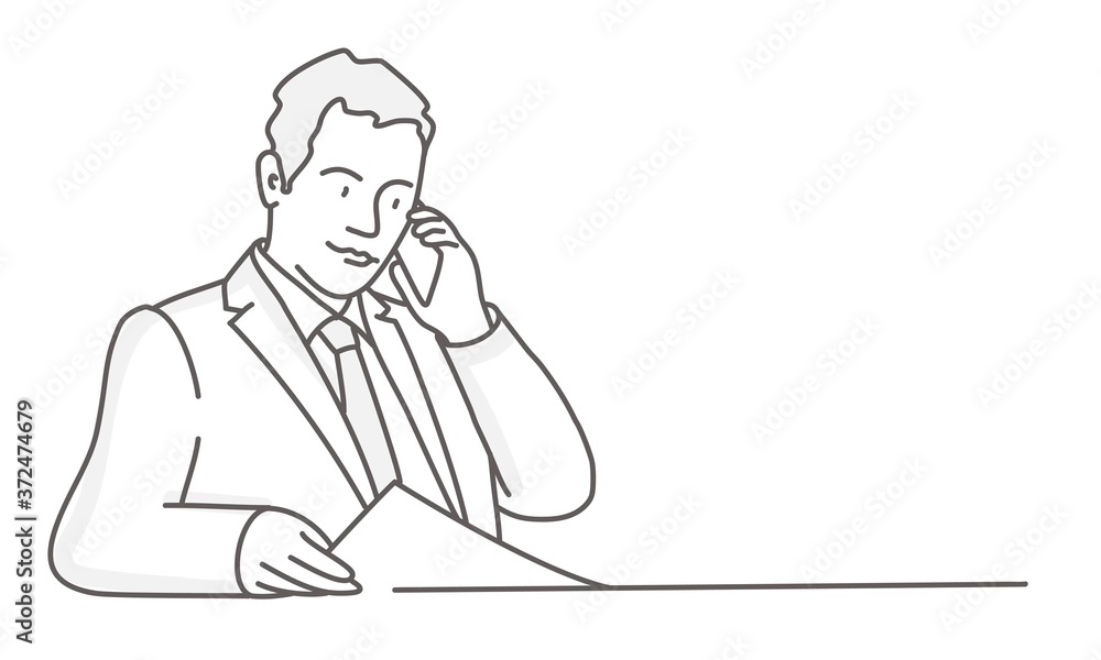 Young man talking on the phone at the table. Line drawing vector illustration.