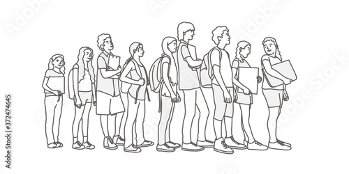 Group of teenagers stand in a line. Line drawing vector illustration.
