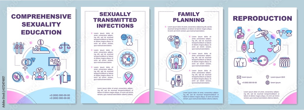 Comprehensive sexuality education brochure template. Reproduction flyer, booklet, leaflet print, cover design with linear icons. Vector layouts for magazines, annual reports, advertising posters