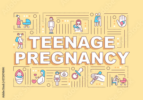 Teenage pregnancy word concepts banner. Risky sexual behaviour, early pregnancy. Infographics with linear icons on yellow background. Isolated typography. Vector outline RGB color illustration
