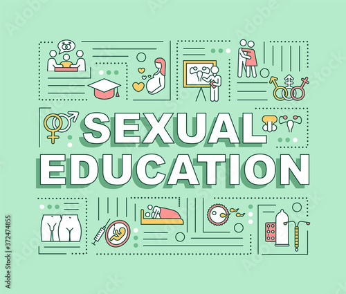 Sexual education word concepts banner. Instruction and guidance on human sexuality. Infographics with linear icons on green background. Isolated typography. Vector outline RGB color illustration