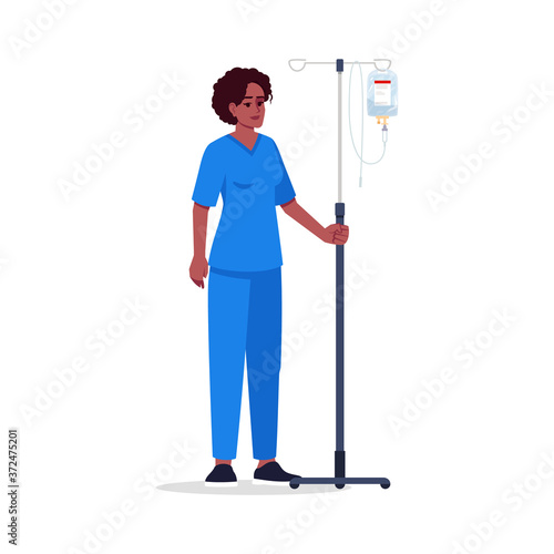 Nurse semi flat RGB color vector illustration. Hospital staff. Female medical worker. Young african american doctor with intravenous pole isolated cartoon character on white background