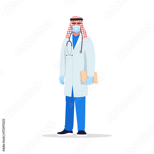 Infectious disease doctor semi flat RGB color vector illustration. Hospital personnel. Young arab man working as infectious disease specialist isolated cartoon character on white background