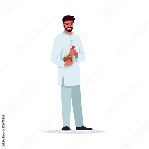 Herbal medicine specialist semi flat RGB color vector illustration. Traditional medicine. Young hispanic man working as holistic medicine doctor isolated cartoon character on white background