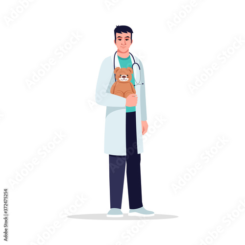 Pediatrician semi flat RGB color vector illustration. Children care doctor. Hospital personnel. Young chinese man working as pediatrician isolated cartoon character on white background