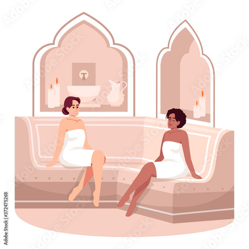 Turkish bath relaxation semi flat RGB color vector illustration. Girls in towels in sauna room. Oriental hotel resort treatment. Lounging women isolated cartoon characters on white background
