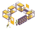 A man with luggage goes to bed at hostel. Hostel isometric set with bunk beds and lockers 3d interior example in vibrant colors isolated on white with sleeping people